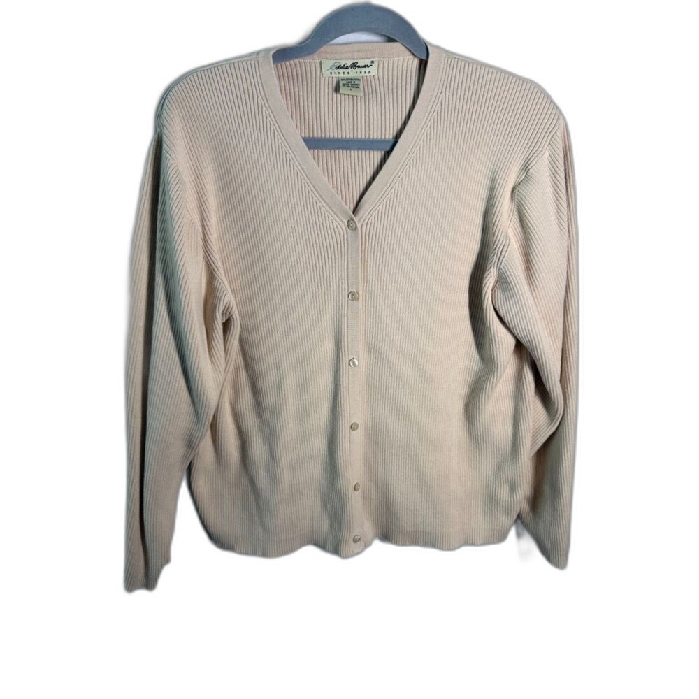 Vintage Eddie Bauer Cardigan Women L 100% Cotton Ribbed Made in UK Beige Cream